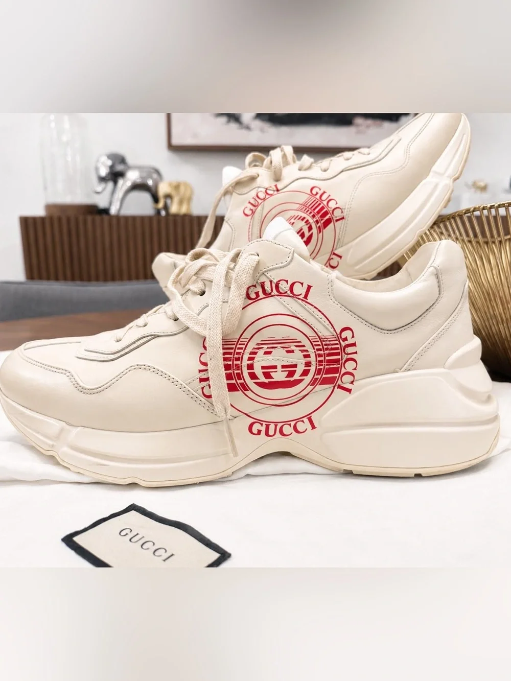 Gucci Cream Leather Platform Sneaker with Red Logo Accent